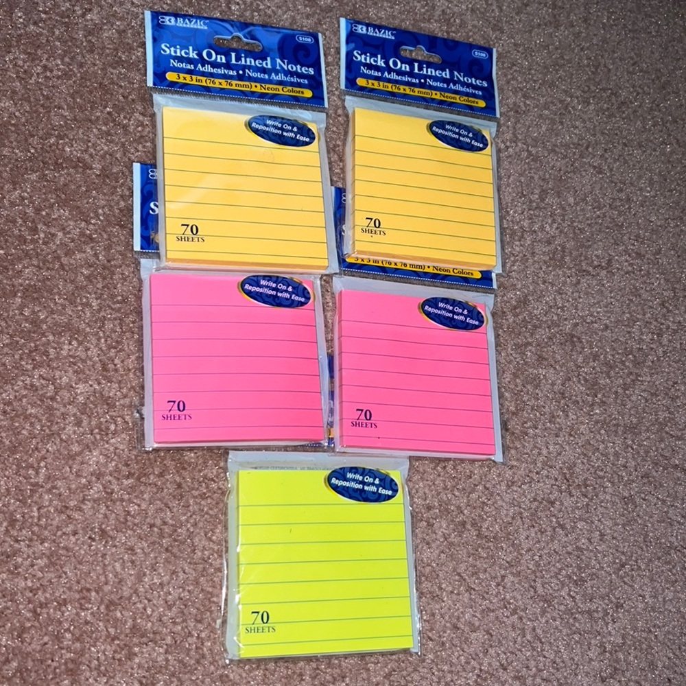 NWT Lined Stick On Notes 5pc Neon (3" X 3" 70ct each) orange pink yellow